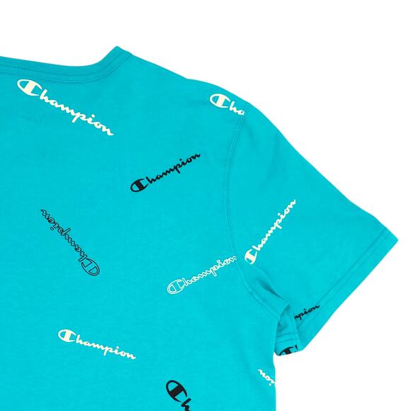 Champion Shirt Mens Medium Blue All Over Print Logo Graphic Tee T-Shirt Cotton - Picture 10 of 12